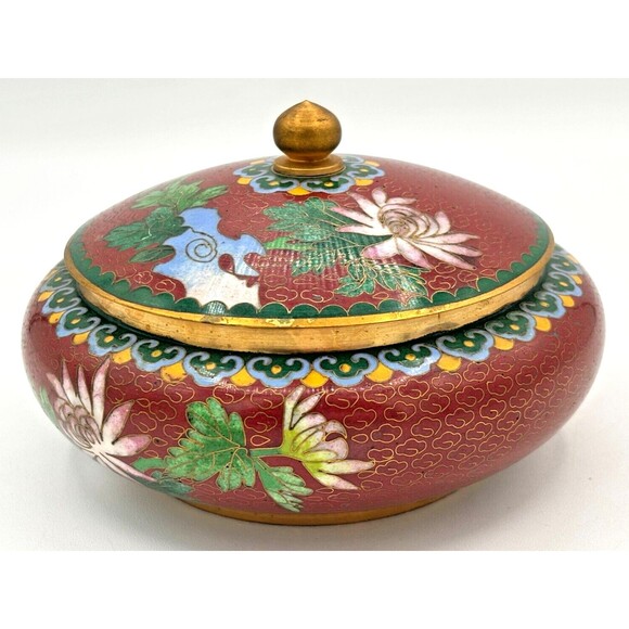 Vintage Chinese Cloisonné Enamel on Bronze Lidded Bowl Trinket Dish Floral Teal - Picture 2 of 16